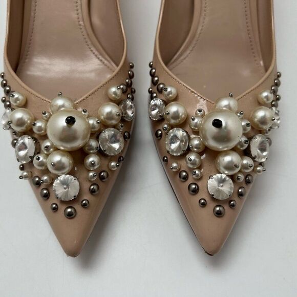 Miu Miu Embellished Patent Leather Tan Pumps Pedestal Kitten Heel Beige Sz 36.5 - Picture 5 of 13